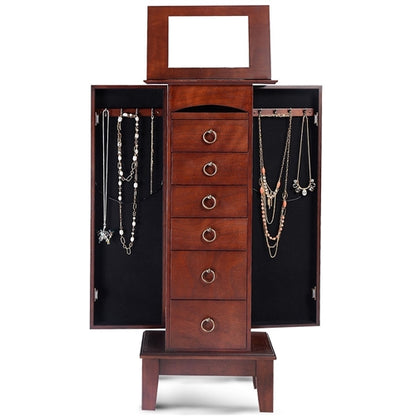 Medium Brown Wood Jewelry Armoire Storage Chest Cabinet with Mirror