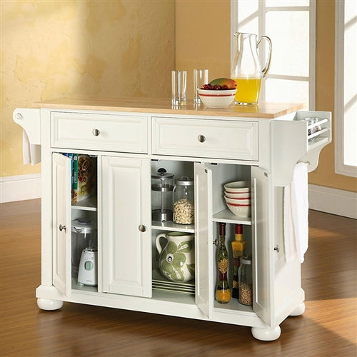 White Kitchen Island Storage Cabinet with Solid Wood Top