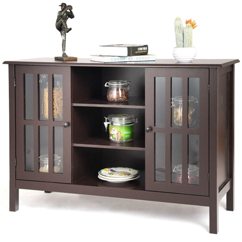 Brown Wood Sofa Table Console Cabinet with Tempered Glass Panel Doors