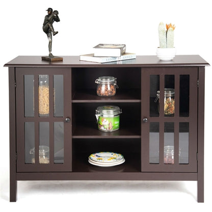 Brown Wood Sofa Table Console Cabinet with Tempered Glass Panel Doors