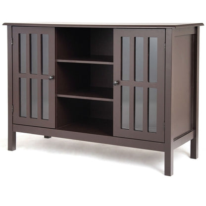 Brown Wood Sofa Table Console Cabinet with Tempered Glass Panel Doors