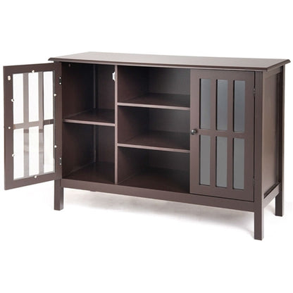 Brown Wood Sofa Table Console Cabinet with Tempered Glass Panel Doors