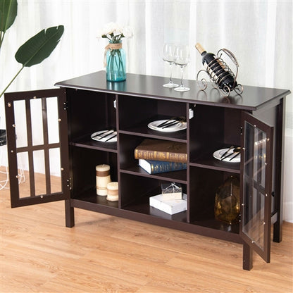 Brown Wood Sofa Table Console Cabinet with Tempered Glass Panel Doors