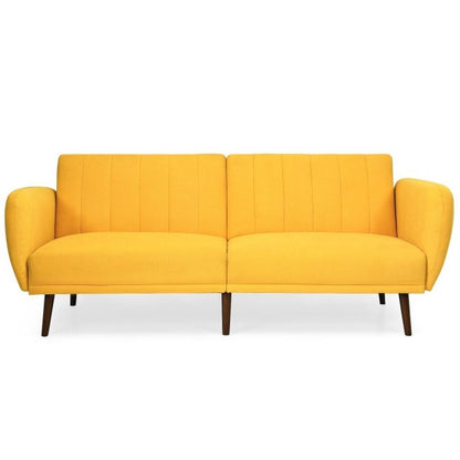 Modern Scandinavian Yellow Linen Upholstered Sofa Bed with Wooden Legs