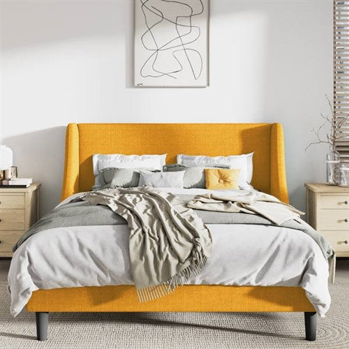 Upholstered Linen Blend Headboard Wingback Platform Bed in Yellow