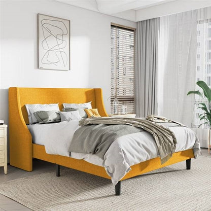 Upholstered Linen Blend Headboard Wingback Platform Bed in Yellow