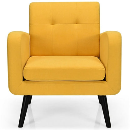 Mid-Century Modern Yellow Linen Upholstered Accent Chair with Wooden Legs