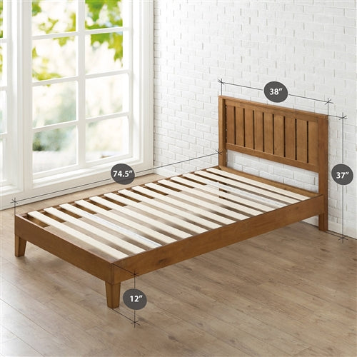 Solid Wood Platform Bed Frame with Headboard in Medium Brown Finish