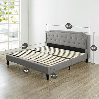 King size Platform Bed with Grey Upholstered Classic Button Tufted Headboard