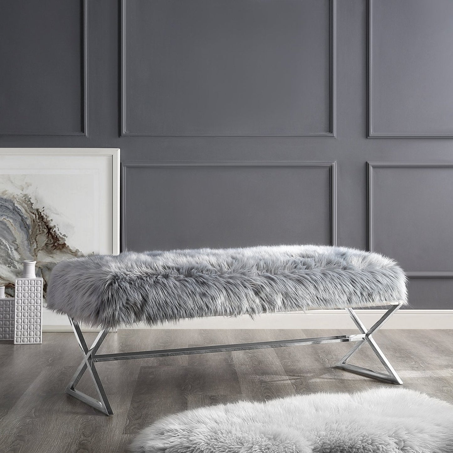 Aurora Faux Fur X-Leg Bench