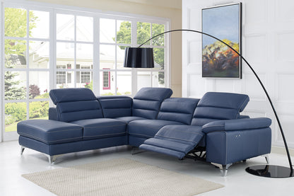 Navy Blue Top Grain Leather Reclining L Shaped Two Piece Sofa and Chaise Sectional