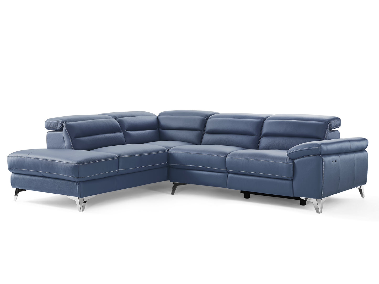 Navy Blue Top Grain Leather Reclining L Shaped Two Piece Sofa and Chaise Sectional