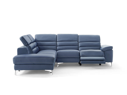 Navy Blue Top Grain Leather Reclining L Shaped Two Piece Sofa and Chaise Sectional