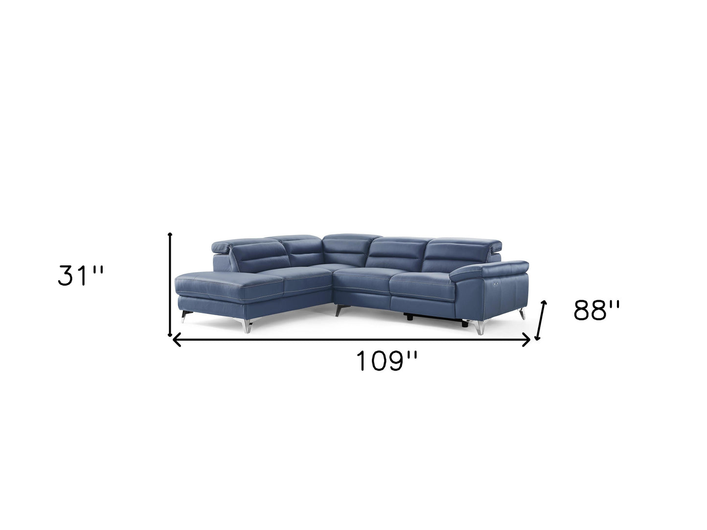 Navy Blue Top Grain Leather Reclining L Shaped Two Piece Sofa and Chaise Sectional