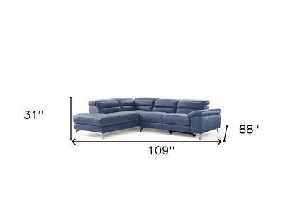 Navy Blue Top Grain Leather Reclining L Shaped Two Piece Sofa and Chaise Sectional