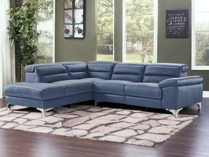 Navy Blue Top Grain Leather Reclining L Shaped Two Piece Sofa and Chaise Sectional