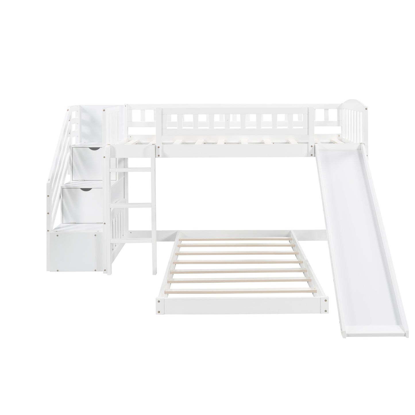 White Twin Over Twin Perpendicular Bunk Bed with Storage Stairs and Slide