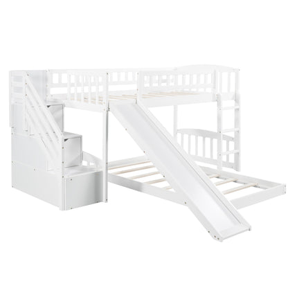 White Twin Over Twin Perpendicular Bunk Bed with Storage Stairs and Slide