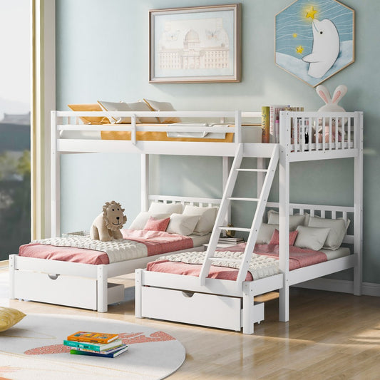 White Full Over Double Twin Triple Bunk Beds with Drawers