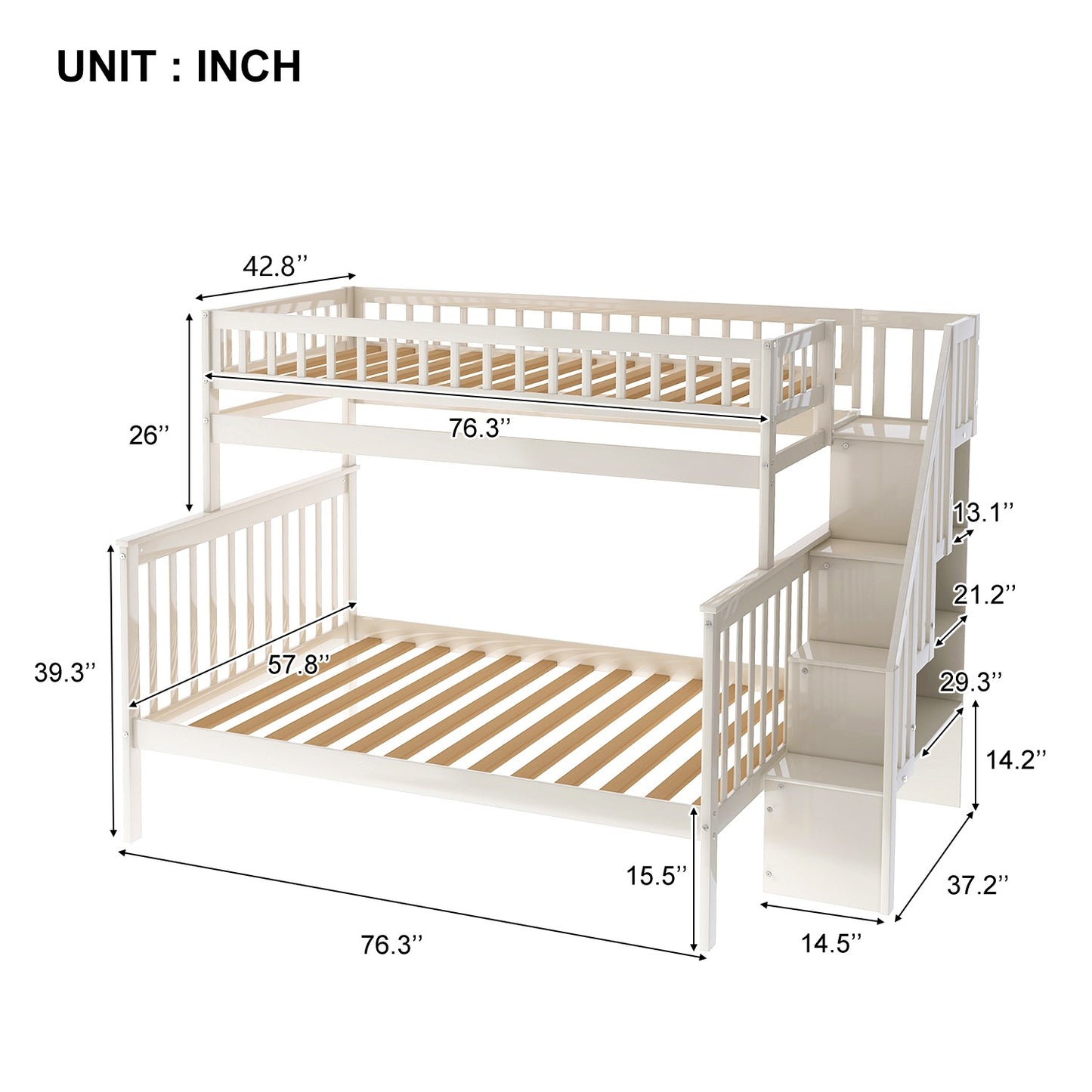 White Twin Over Full Farmhouse Style Bunk Bed with Staircase