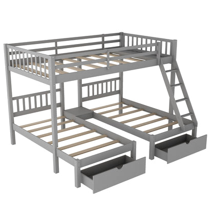 Gray Full Over Double Twin Triple Bunk Beds with Drawers