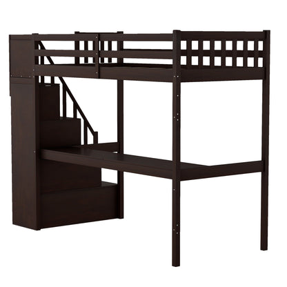 Espresso Twin Size Loft Bed with Built In Desk and Stairway