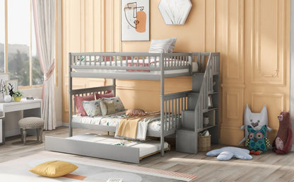 Gray Full Over Full Farmhouse Style Bunk Bed with Trundle and Staircase