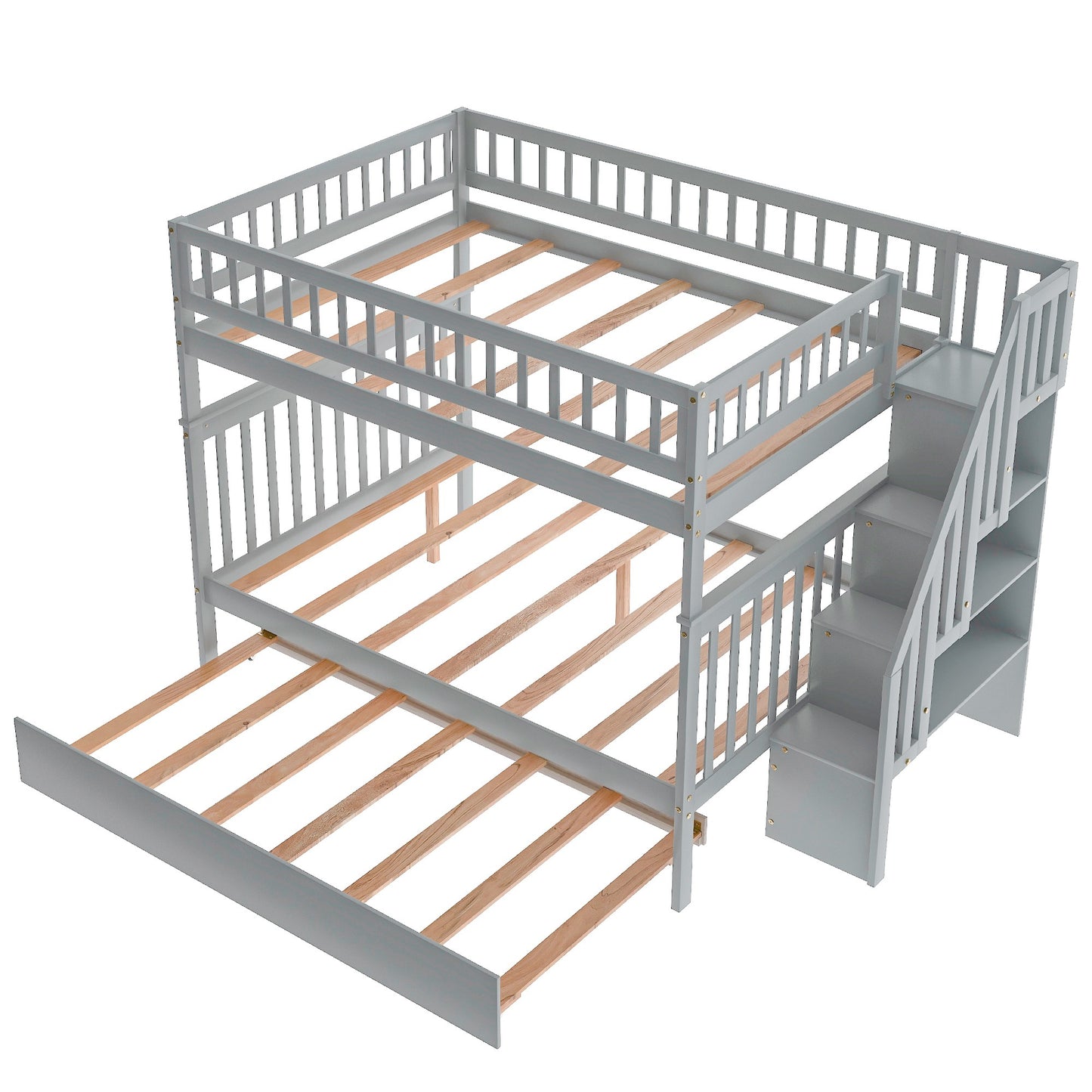 Gray Full Over Full Farmhouse Style Bunk Bed with Trundle and Staircase