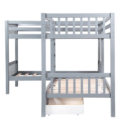 Gray Twin Size L Shaped Double Bunk Bed with Drawer