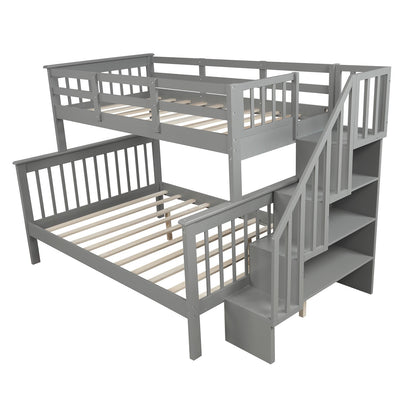 Gray Twin Over Full Contemporary Bunk Bed With Stairs And Shelves