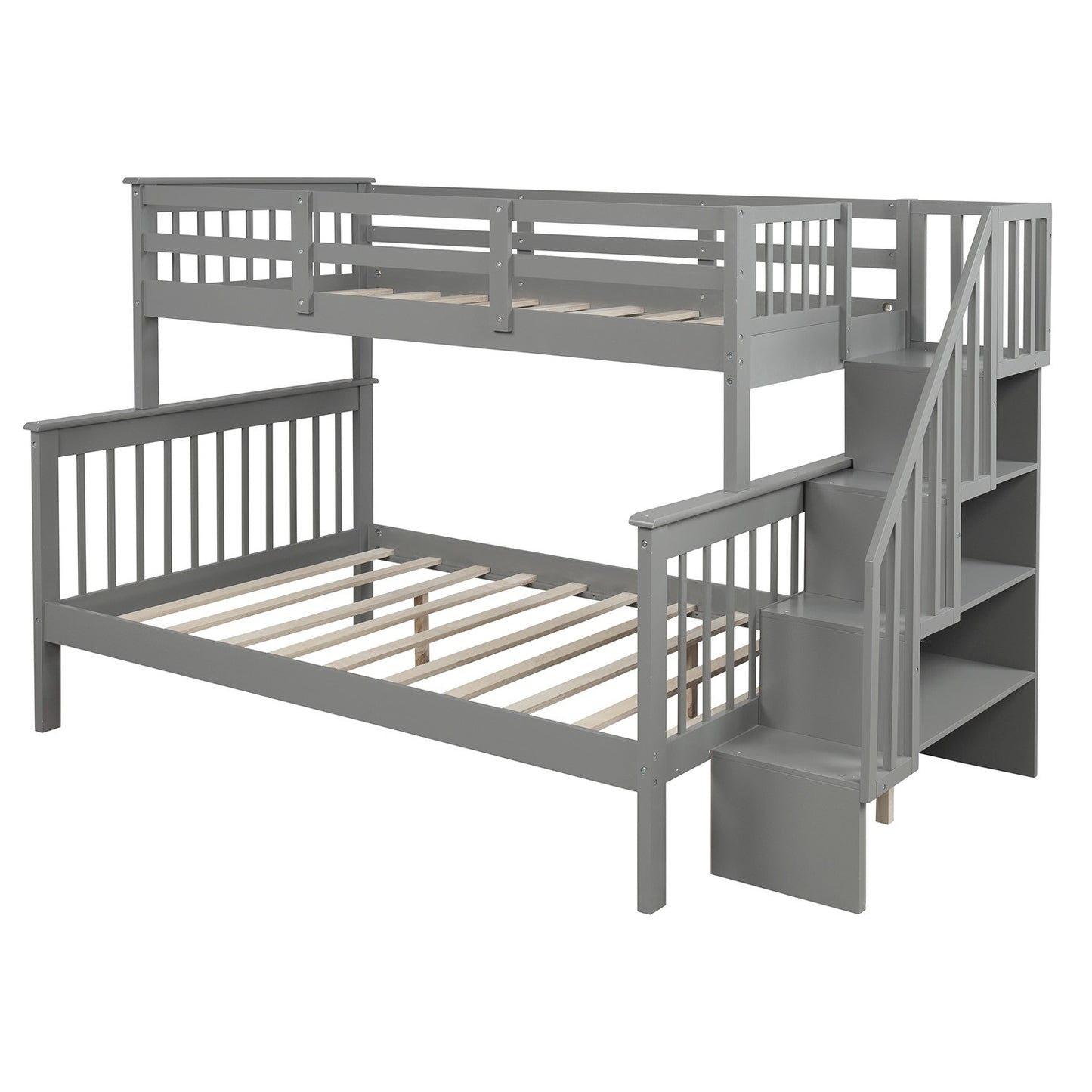 Gray Twin Over Full Contemporary Bunk Bed With Stairs And Shelves