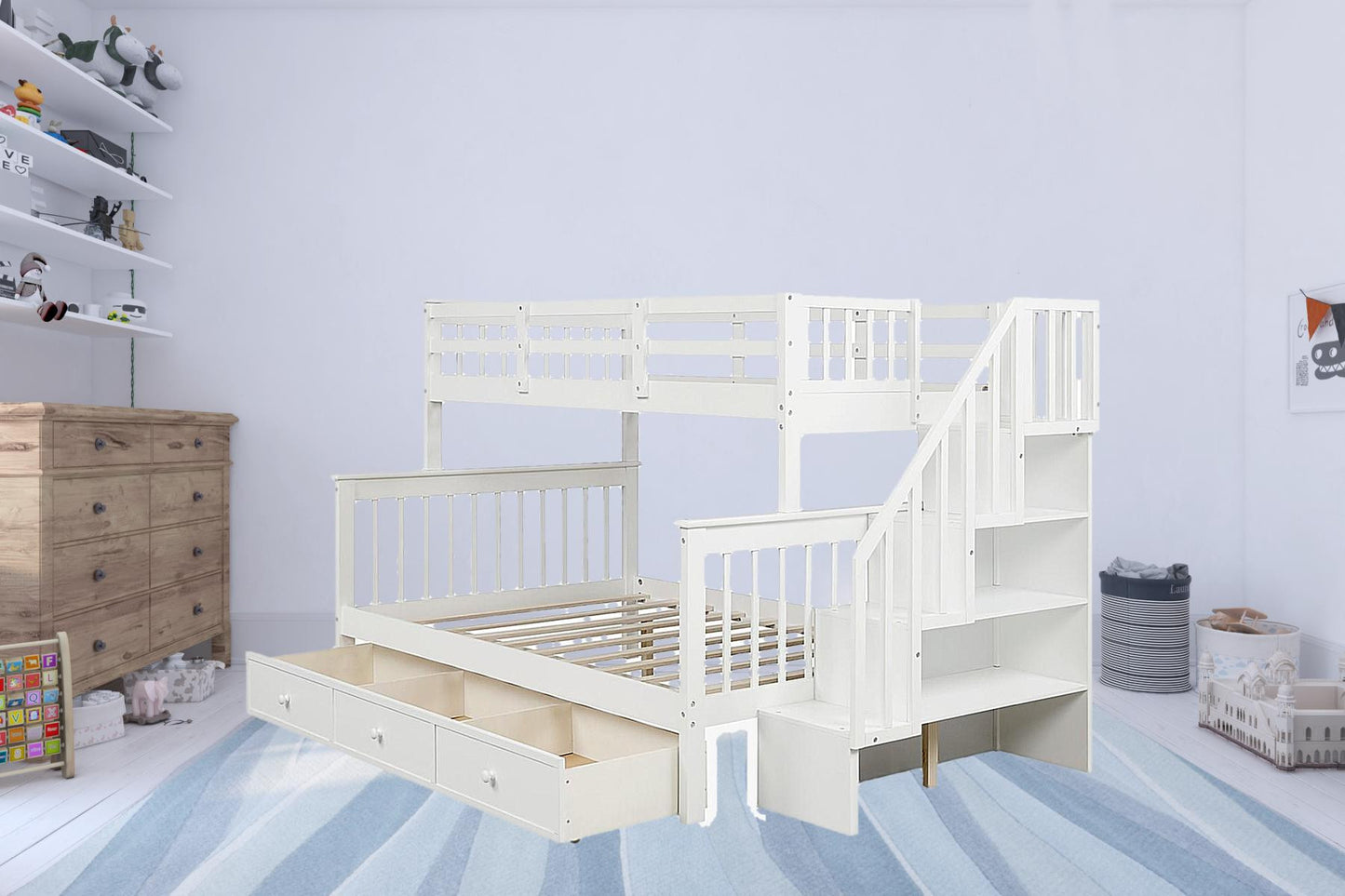 White Twin Over Full Contemporary Bunk Bed With Stairs And Shelves