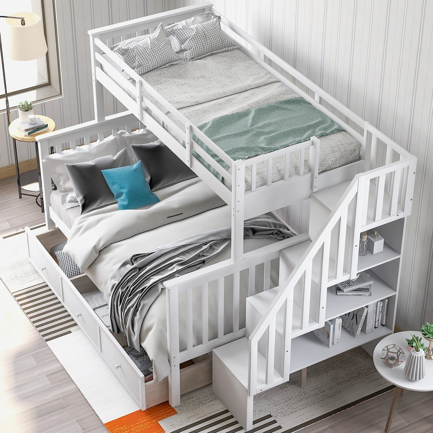 White Twin Over Full Contemporary Bunk Bed With Stairs And Shelves