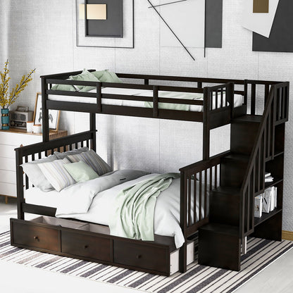 Espresso Twin Over Full Contemporary Bunk Bed With Stairs And Shelves