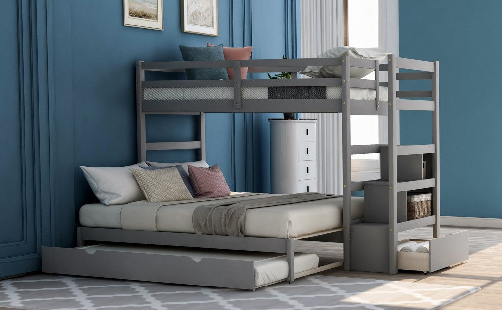 Gray Twin Over Twin Contemporary Bunk Bed With Stairs