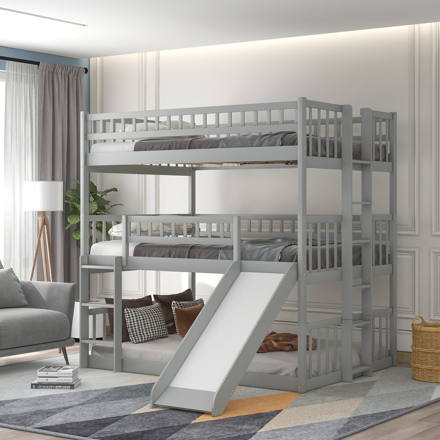 Gray Full Over Full Over Full Contemporary Bunk Bed With Slide