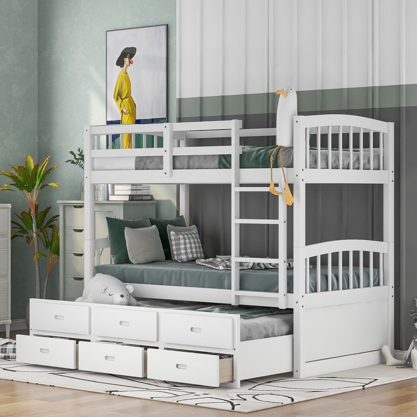 White Twin Over Twin Bunk Bed with Trundle and Drawers