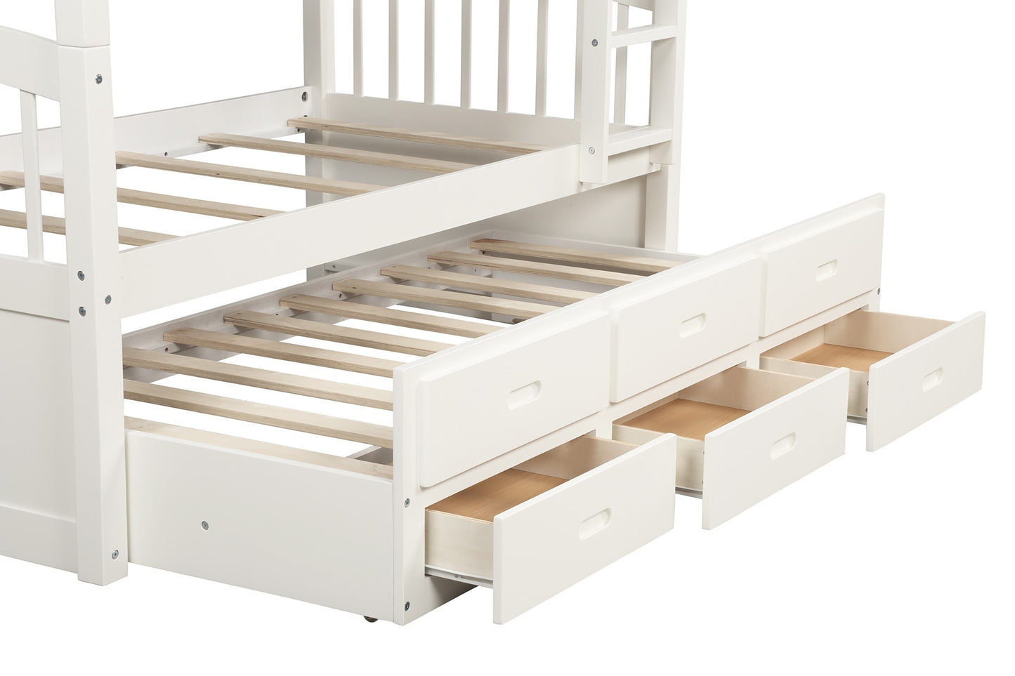 White Twin Over Twin Bunk Bed with Trundle and Drawers