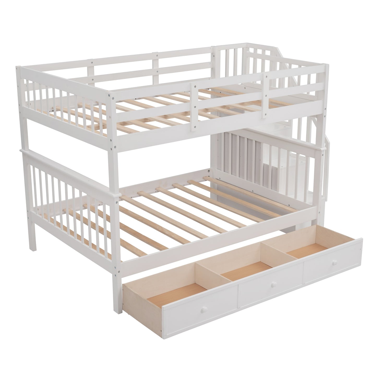 White Double Full Size Stairway Bunk Bed With Drawer