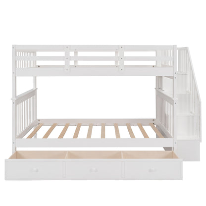 White Double Full Size Stairway Bunk Bed With Drawer