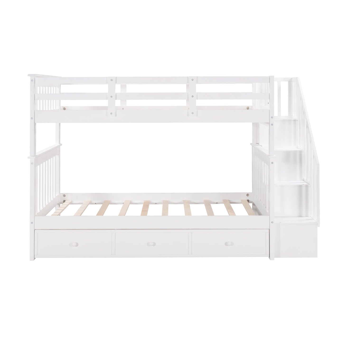 White Twin Over Twin Bunk Bed with Stairway and Drawers