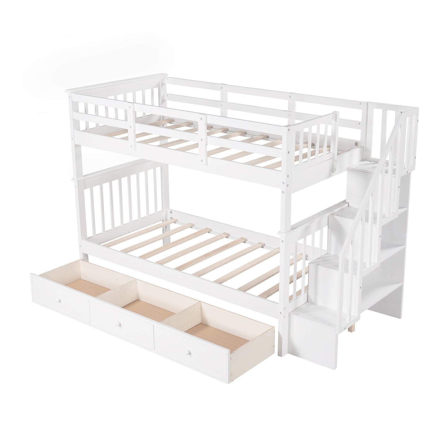 White Twin Over Twin Bunk Bed with Stairway and Drawers