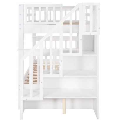 White Twin Over Twin Bunk Bed with Stairway and Drawers