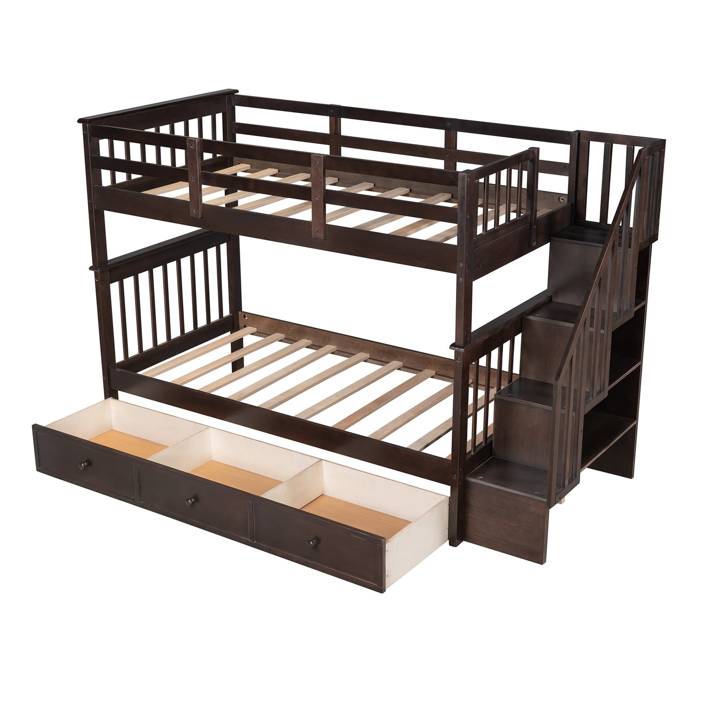 Espresso Twin Over Twin Bunk Bed with Stairway and Drawers