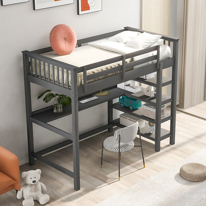 Gray Twin Size Wood Loft Bed with Storage Shelves and Desk