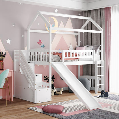 White Twin Size Playhouse Loft Bed With Drawers and Slide