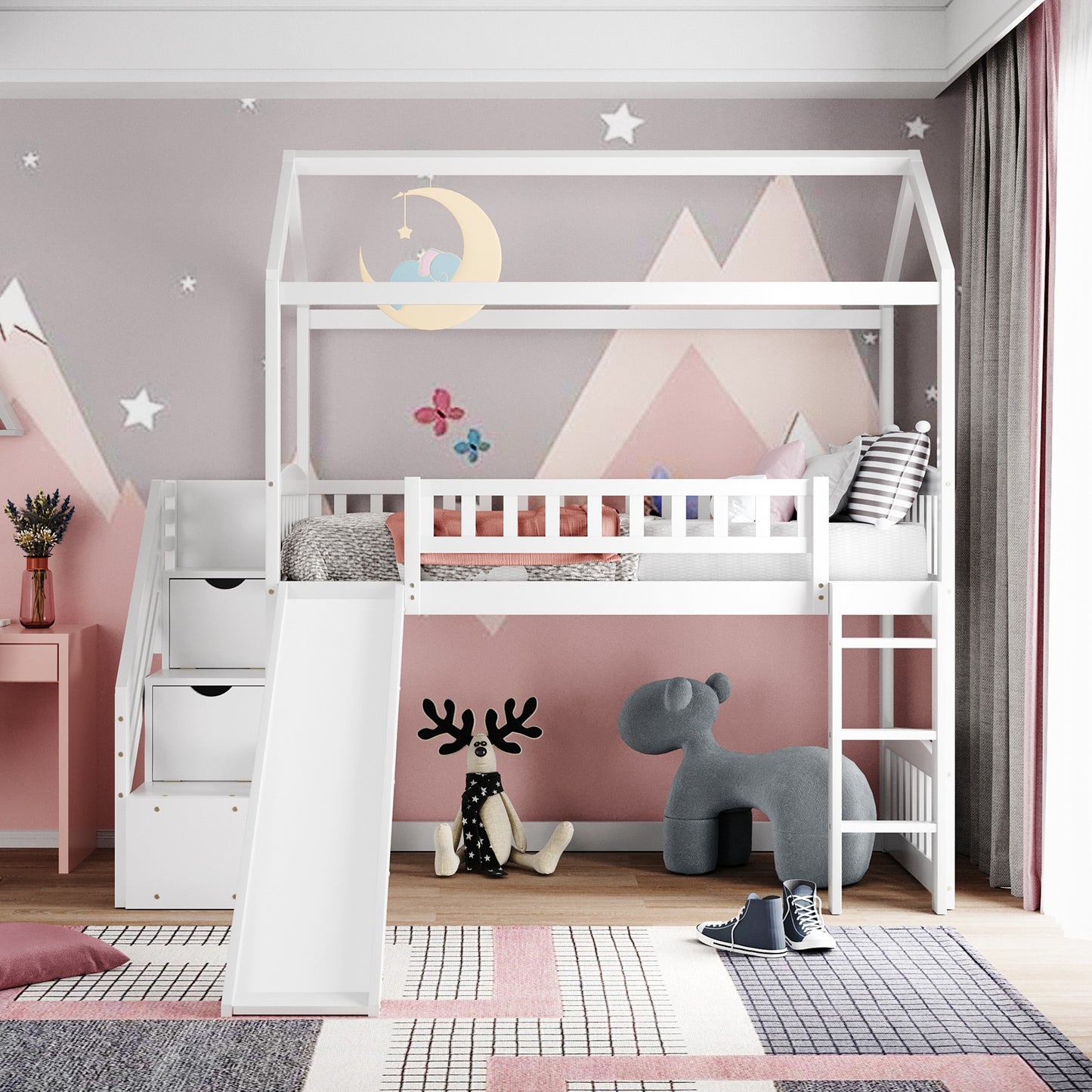 White Twin Size Playhouse Loft Bed With Drawers and Slide