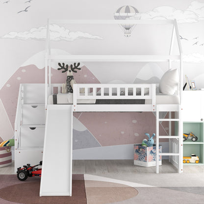 White Twin Size Playhouse Loft Bed With Drawers and Slide