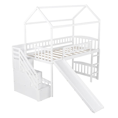 White Twin Size Playhouse Loft Bed With Drawers and Slide