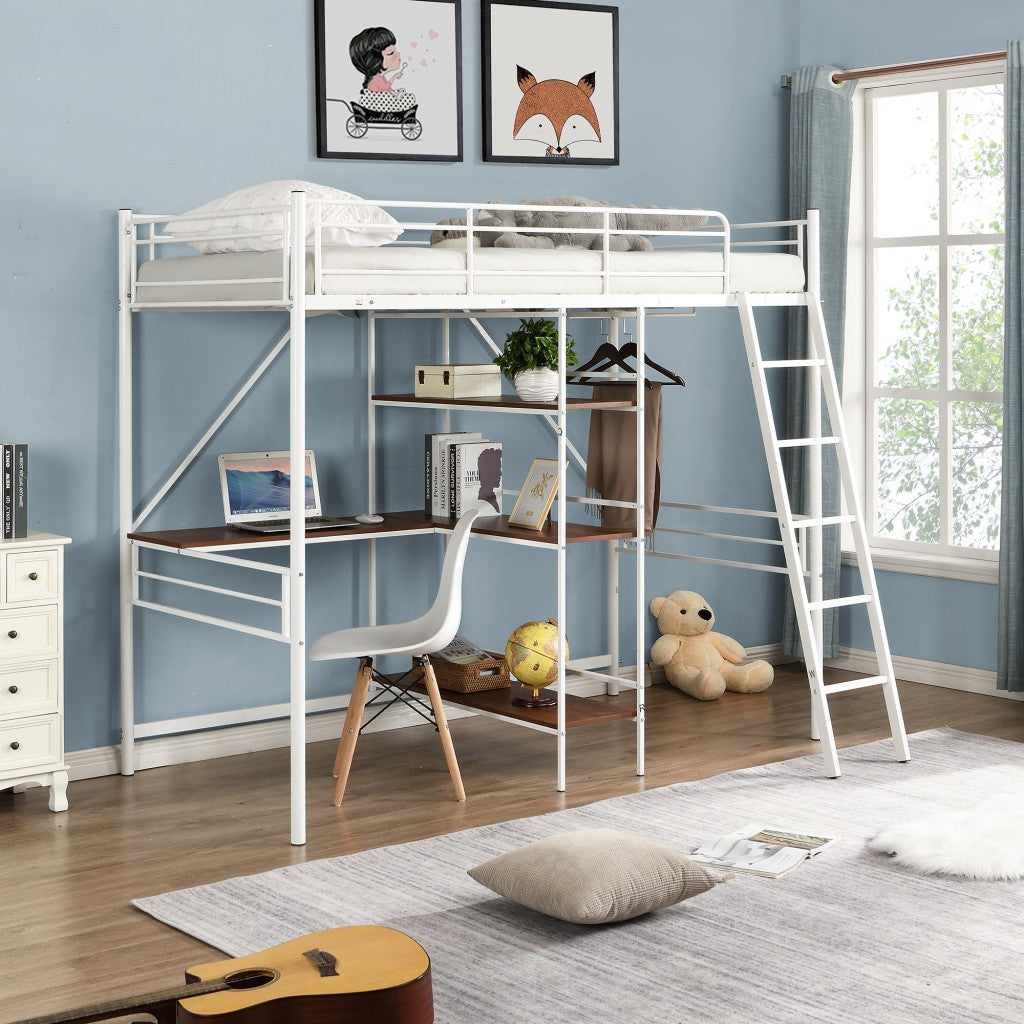 White Twin Size Metal Loft Bed With Desk and Shelves